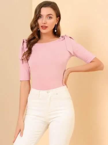 Vista 4 de Allegra K Blusa de verano con cuello barco y manga de codo para mujer