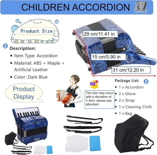 Vista 4 de Acordeones Para Adultos, Acordeón De Adulto Azul 22 Teclas 8 Bass Acordeón Instrumento Con Correas Ajustables Y Sonido Dulce Acordeón Portátil Para