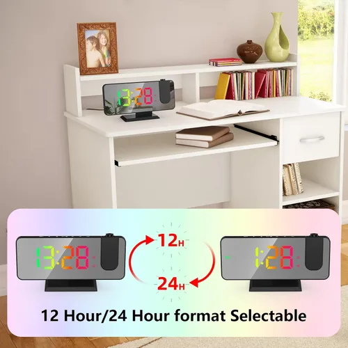 Vista 8 de Reloj despertador de proyección para techo de dormitorio, proyector giratorio de 180°, espejo RGB de 7.4 pulgadas, pantalla digital LED, alarma dual