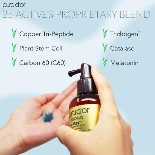 Vista 2 de PURA D'OR Suero para el cabello Gro-Max Advanced Peptide de 3.38 oz (nueva fórmula) Célula de tallo vegetal, catalasa, triple péptido de cobre, C60