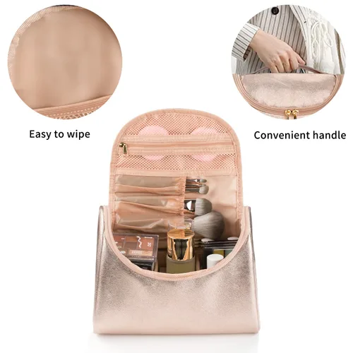 Vista 6 de Elegante estuche de maquillaje y aseo de viaje para mujer; estuche organizador de brochas y maquillaje de gran capacidad y hecho de cuero vegano