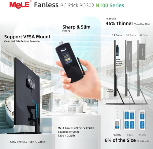 Vista 6 de MeLE Mini PC Stick PCG02 N100 4GB 128GB sin ventilador con Windows 11 Home USB-C