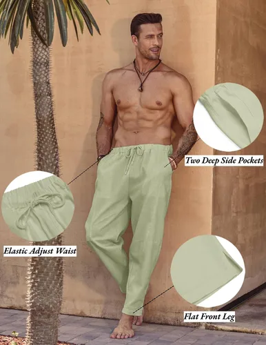 Vista 5 de COOFANDY Pantalones harén de lino con cordón para hombre, cintura elástica, ligeros, pantalones hippie, verano, playa, yoga