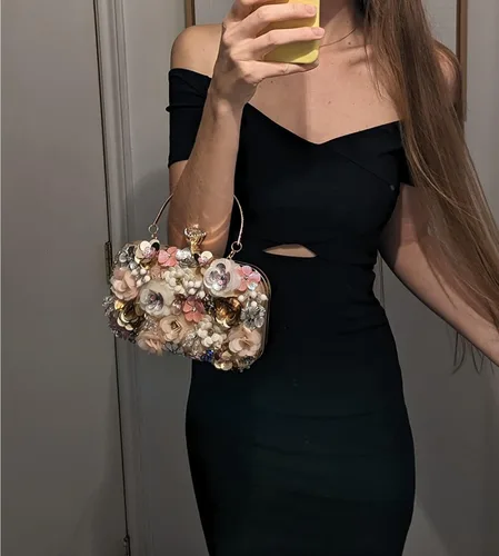 Vista 3 de Bolso de noche floral para mujer, bolso de mano con cuentas de flores con correa de cadena, bolsa de hombro para fiesta formal y boda