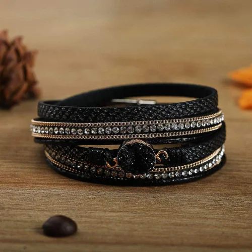 Vista 4 de Fesciory - Pulseras envolventes de cuero para mujer, brazaletes con cuentas de cristal de leopardo, estilo bohemio, multicapa