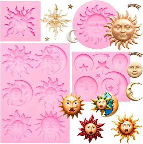 Vista 11 de Juego de moldes de silicona, formas de estrella de sol y luna, rosa, moldes para hornear dulces de chocolate, 5 piezas con temática celestial