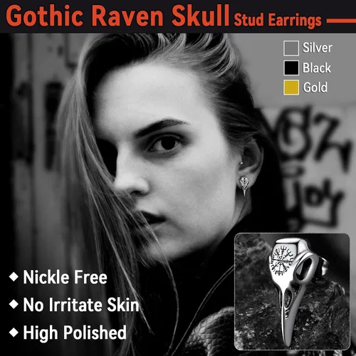 Vista 2 de FaithHeart Viking Raven Earrings for Men Sturdy Stainless Steel Punk Rock Earrings Lightweight Hypoallergenic Ear Jewelry with Gift Box
