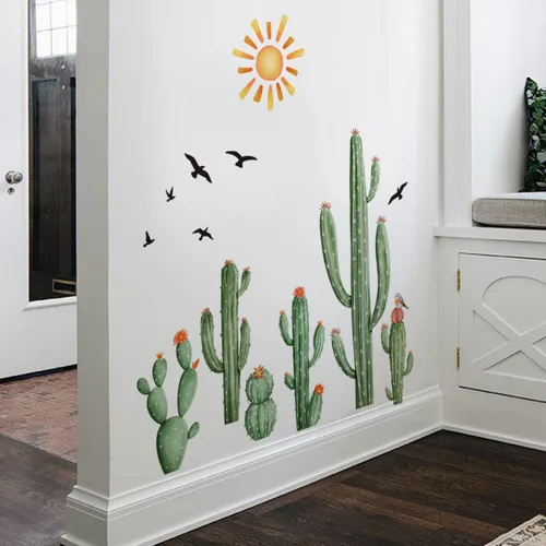 Vista 6 de Calcomanías de Pared de Cactus Boho Calcomanías de Pared de Sol Boho Plantas Tropicales de Cactus Verdes con Pájaros Calcomanías de Pared para Sala
