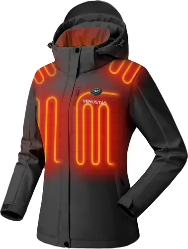 Vista 10 de Venustas - Chaqueta térmica para mujer con batería de 7.4 V, resistente al viento, eléctrica, aislada, con capucha desmontable, ajuste delgado Azul
