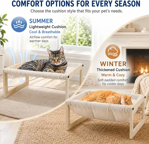 Vista 2 de Cama elevada para gatos, hamaca de madera para gatos con cojín lavable