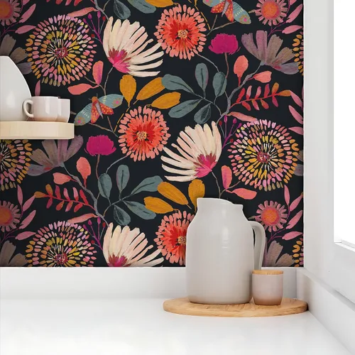 Vista 3 de Papel tapiz floral para despegar y pegar, extraíble, impermeable, azul marino/rosa/naranja, papel de contacto para dormitorio, baño, pared