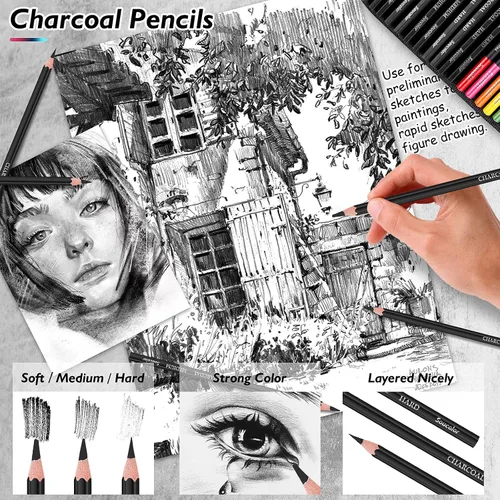Vista 5 de Soucolor Paquete de 73 suministros de arte para adultos, regalos de artistas, suministros escolares, lápices de dibujo con cuaderno de bocetos
