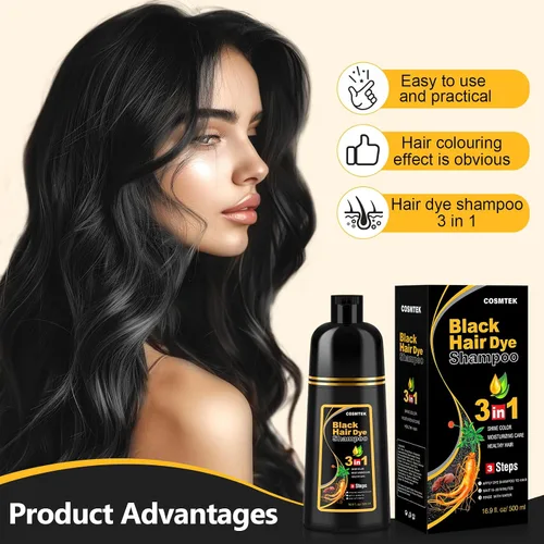 Vista 2 de Champú de tinte para cabello negro, para cabello gris, champú de color para mujeres y hombres, 3 en 1 (16.9 onzas líquidas)