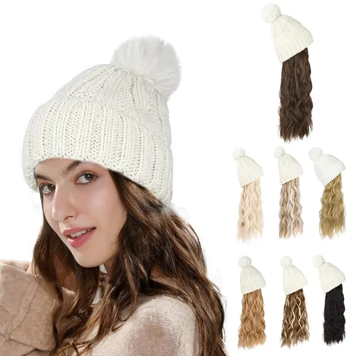Vista 14 de Flufymooz Gorro con peluca, extensión de pelo con gorro de piel sintética con pompón largo ondulado rizado, peluca con gorro adjunto de 20 pulgadas
