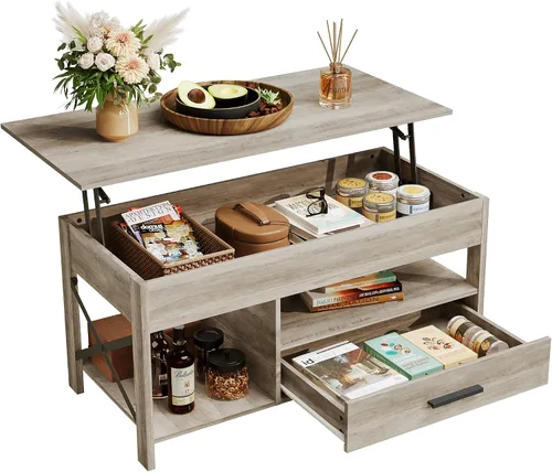 Vista 8 de WLIVE Mesa auxiliar elevable, mesa auxiliar de 39 pulgadas con cajones de almacenamiento, compartimento oculto, mesa central de madera para sala