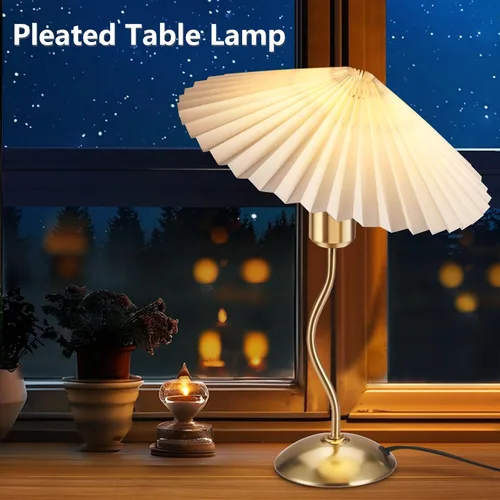 Vista 2 de Lámpara de mesa plisada pequeña, lámpara de mesita de noche para dormitorio, lámpara de luz de noche con pantalla de tela, mini lámpara Morden, luz