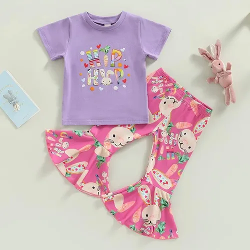 Vista 4 de MOREELUCK Conjunto de pantalones de Pascua para bebé niña, camiseta gráfica de conejo, pantalones acampanados con diadema, trajes de vacaciones