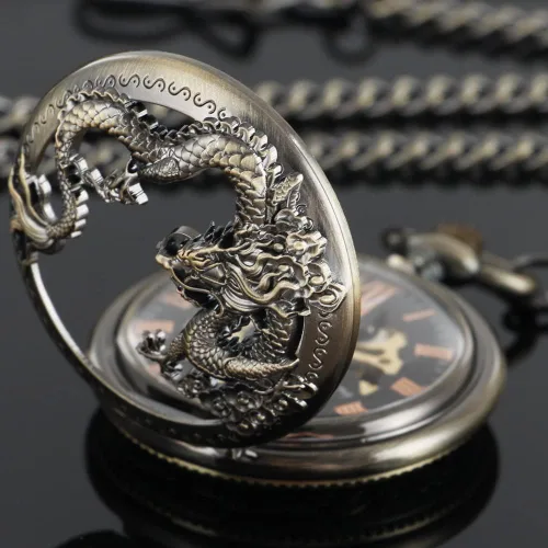 Vista 4 de Men's Mechanical Hollow Dragon Design Hand Wind Pocket Watch Roman Numerals Steampunk with Chain Box Cus-PJX1346-bronce negro