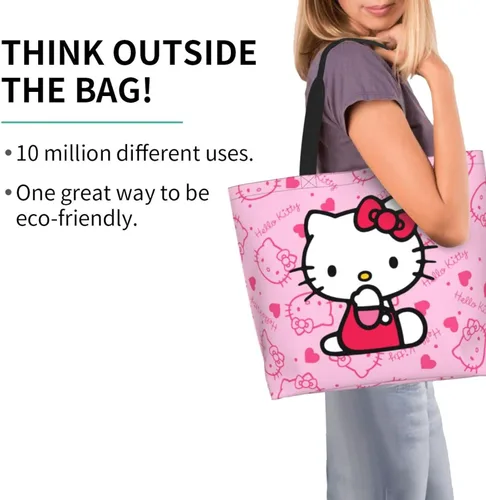 Vista 3 de Bolso de mano Kawaii rosa con gato para mujer, lindo bolso de hombro grande, bolso cruzado para el trabajo, viajes, compras