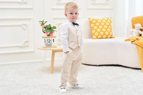 Vista 3 de Conjunto de chaleco de 3 piezas para niños, conjunto de camisa de manga larga y pantalones con corbata