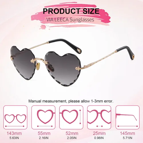 Vista 2 de VIA LEECA Gafas de sol sin montura con forma de corazón para mujer, gafas de sol grandes y modernas con marco de metal