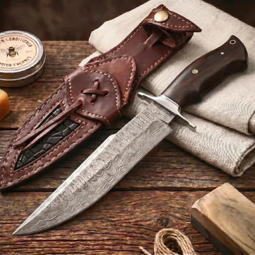 Vista 11 de BIGCAT ROAR Leopard Hunter - Cuchillo de caza hecho a mano de acero de Damasco de hoja fija de 12 pulgadas - Mango de madera de nogal y funda