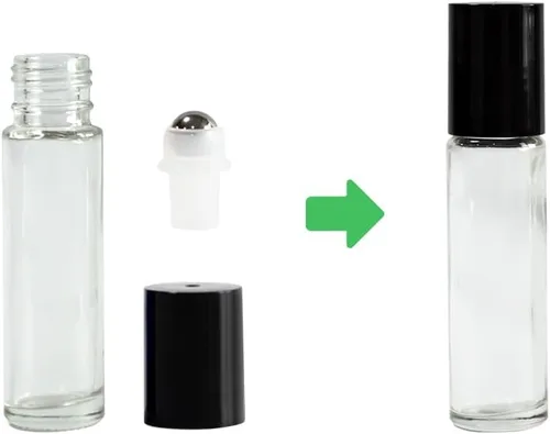 Vista 3 de Botellas de vidrio transparente de 0.3 fl oz con bolas de rodillo de acero inoxidable y tapas negras, paquete de 24 (transparente)