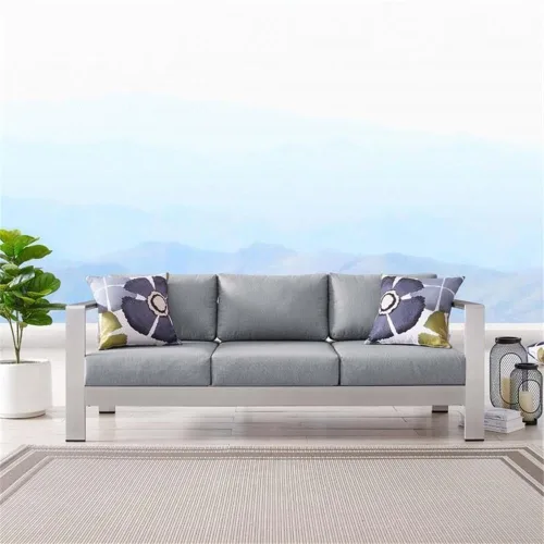 Vista 2 de Modway Sofá de aluminio y tela para patio al aire libre Shore en plata/gris