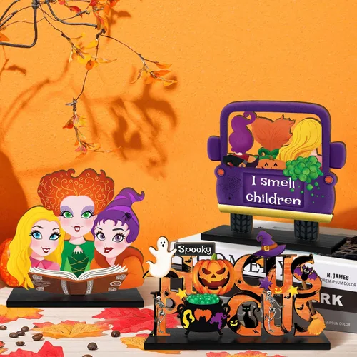 Vista 6 de 3 piezas de decoración de mesa de Halloween de Hocus Pocus, hermanas de bruja de Halloween, centro de mesa de madera para mesa de camión I Smell