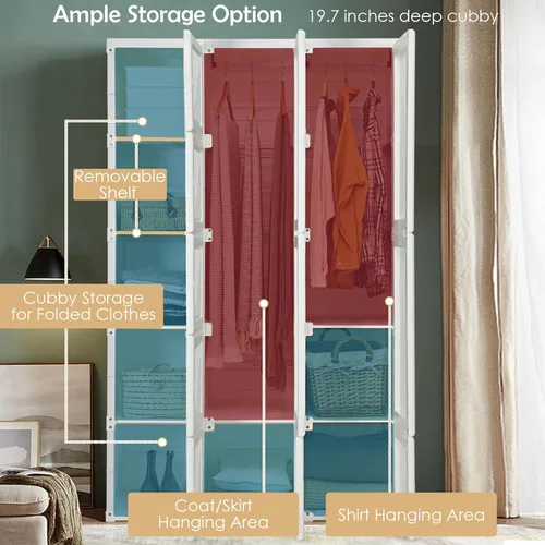 Vista 5 de Tangkula Armario Closet Portátil, Organizador de Ropa Plegable con Almacenamiento de Cubículos, Varillas para Colgar, Fácil de Ensamblar