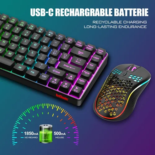 Vista 5 de RedThunder Combo de teclado y mouse inalámbricos K84, batería recargable retroiluminada arco iris, 75% de diseño TKL Ultra Compact Teclado