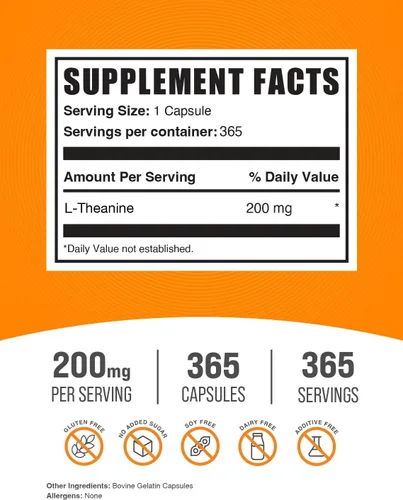 Vista 2 de BulkSupplements.com Cápsulas de L-Teanina - L-Teanina 200mg, Suplemento de Aminoácidos - Sin Gluten, 1 Cápsula por Porción, 365