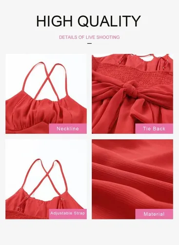 Vista 5 de Dokotoo Vestidos de tirantes delgados para mujer, cuello redondo, lazo, sin mangas, cintura elástica, dobladillo con volantes, acampanado