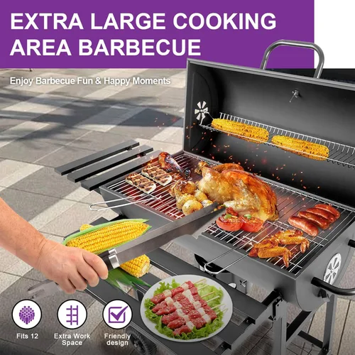 Vista 2 de Parrilla de barbacoa de carbón con termómetro y mesa auxiliar plegable, 565 pulgadas cuadradas de espacio de cocción grandes parrillas de carbón