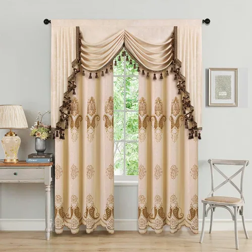 Vista 6 de ELKCA Cortinas de chenilla beige con patrón bordado para sala de estar, cortinas europeas para dormitorio, ojal superior