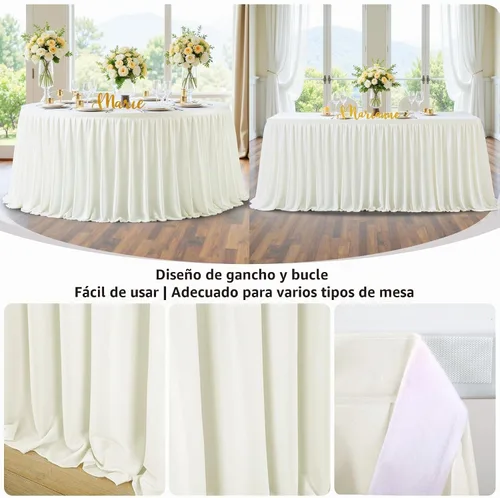 Vista 3 de Falda de mesa beige para mesas rectangulares, falda de escritorio de 6 pies para el escritorio del profesor, aula, volantes, tela de poliéster