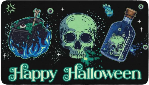 Vista 22 de Mloabuc® Felpudo de Halloween para puerta delantera, fantasma negro, parte trasera de goma antideslizante, diseño de calavera de feliz Halloween