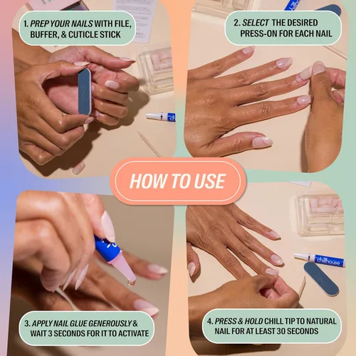 Vista 4 de Chillhouse - Kit de uñas a presión con punta francesa Chill Tips, Bougie Barre (almendra) - 30 formas y tamaños de uñas - 2 semanas de uso - Ajuste