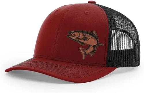Vista 60 de Sombrero de pesca de trucha con parche de cuero grabado láser Richardson 112 Snapback Trucker Cap