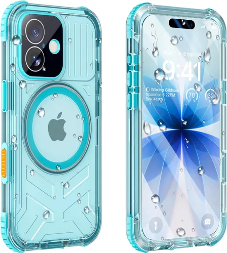 Vista 25 de Funda impermeable para iPhone 15 con Magsafe, protector de pantalla, cordón, IP68 militar de cuerpo completo a prueba de golpes, para deportes