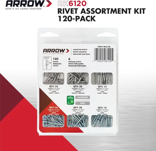 Vista 2 de Arrow RK6120 - Kit surtido de remaches para metal, tela, cuero y reparación de automóviles, aluminio y acero, 18 pulgadas, paquete de 120