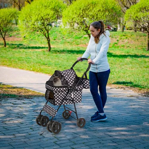 Vista 3 de Cochecito plegable para mascotas de 4 ruedas para gatos y perros pequeños a medianos, color negro