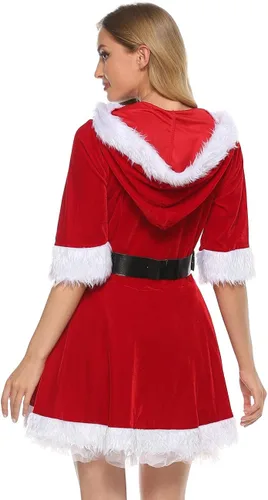 Vista 6 de Springcmy Disfraz de Papá Noel para mujer vestido de Navidad con capucha manga larga vestido de cosplay