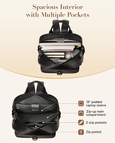 Vista 4 de Missnine Mochila de cuero para mujer, mochila antirrobo, bolsa de hombro convertible con cremalleras seguras para viajes y trabajo, Negro -, Vintage