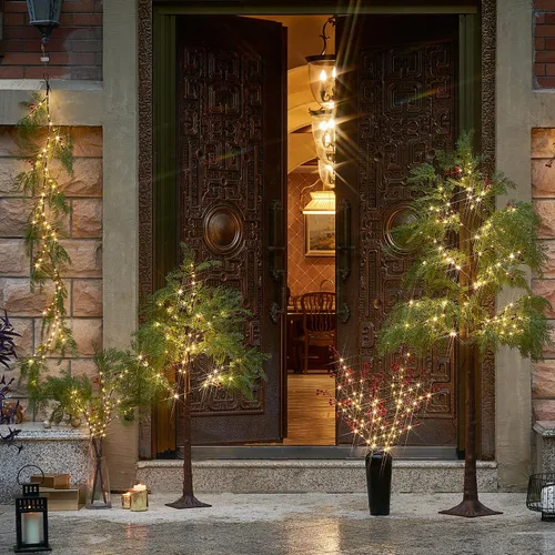 Vista 6 de Fudios Luces de árbol de cadar de Navidad, 195 luces LED de hadas de 6 pies enchufables, árbol de ciprés artificial iluminado con bayas rojas