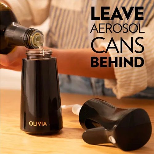 Vista 4 de FLAIROSOL OLIVIA Pulverizador de aceite de oliva para cocinar, botella de vidrio de 200ml, dispensador de aerosol de cocina continuo con control