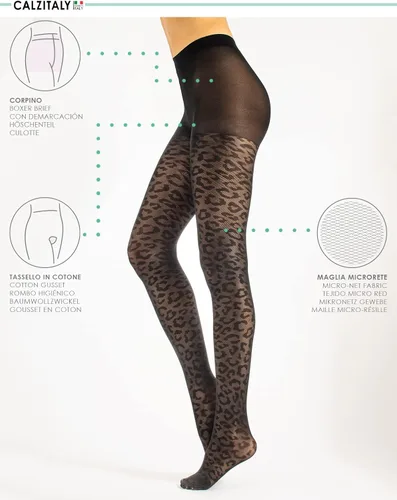 Vista 2 de CALZITALY Mallas opacas con estampado de leopardo Negro SM, LXL 50 DEN Made in Italy
