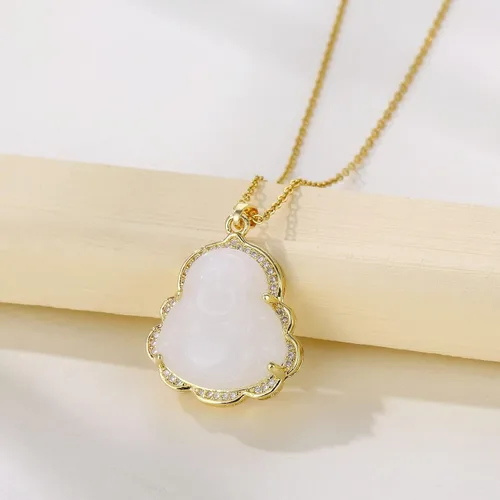 Vista 2 de Collar con colgante de Buda que se ríe, chapado en oro de 18 quilates, cadena de Buda sonriente, collar con diamantes de imitación, joyería