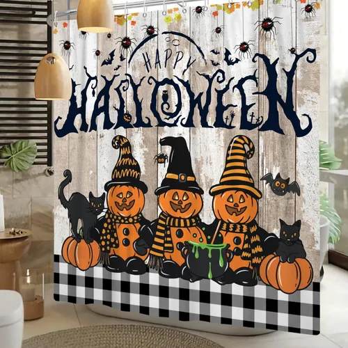 Vista 14 de Cortina de ducha divertida de Halloween, espeluznante y bonita, fantasma, calabazas, murciélagos, cortina de baño para niños, decoración