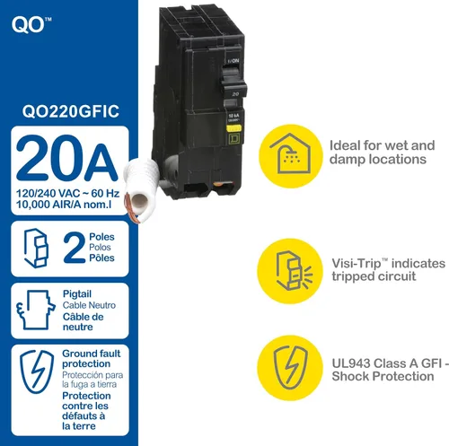 Vista 12 de Square D por Schneider Electric QO220GFICP QO Qwik-Gard, 20 amp, disyuntor GFCI de dos polos